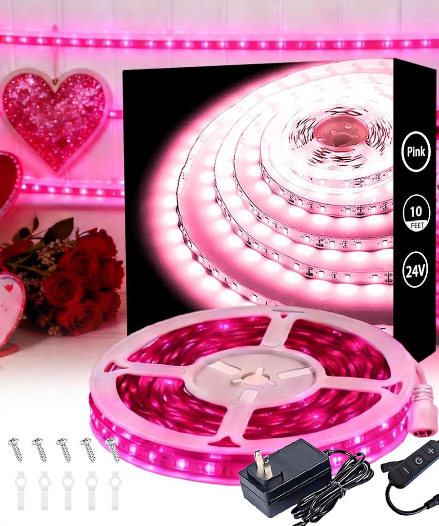 Pink Led Strip Lights 10 FT Rope Light Easy DIY Princess Girls Bedroom Decor Cuttable Strips Light for Baby Room Bathroom Living Room Kitchen Ceiling Wall Vanity Mirror Decoration