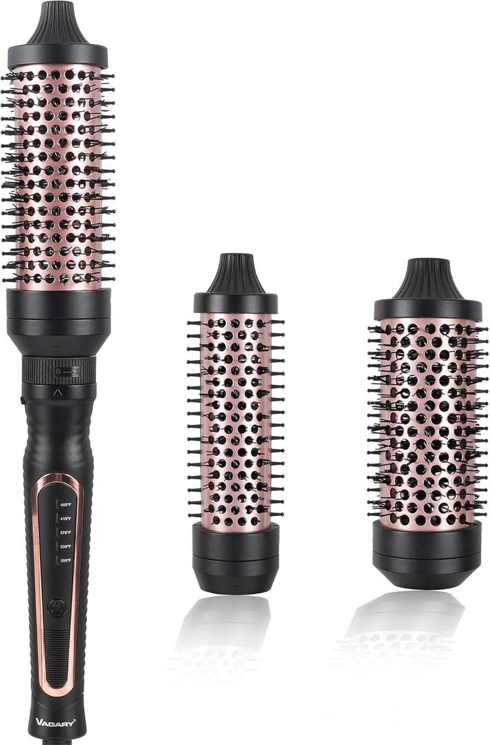 VAGARY 3 in 1 Thermal Brush Set, Heated Round for Blowout Look, Dual Voltage Curling Iron Brush, Ceramic Tourmaline, 3 Detachable Combs, 5 Temperature Settings