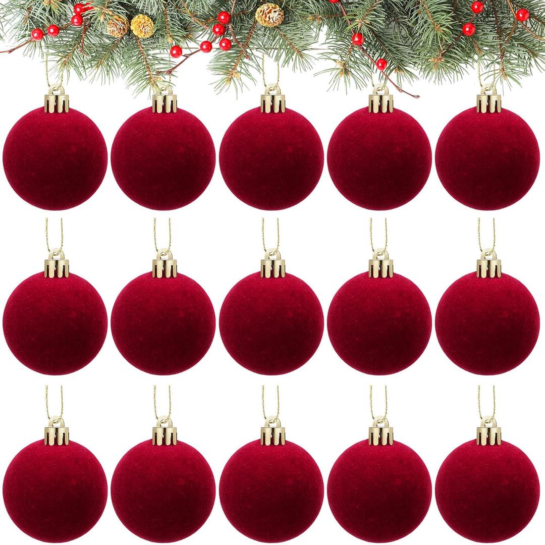 Menkxi 15 Pcs Christmas Velvet Balls 1.97 Flocked Christmas Hanging Ornaments Handmade Velvet Balls Xmas Tree Ornaments Xmas Tree Bulbs for Wedding Anniversary Party (Red)
