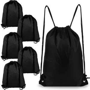 6Pcs Drawstring Backpacks, Medium, Black, Sports, Gym, Travel, Swimming, Beach (CBT6809-HSCSBB-X6)