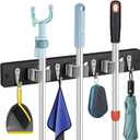 Mop and Broom Holder Wall Mount - Rustic Wood Broom Hanger Wall Mount | Laundry Room Decor - Broom Organizer Wall Mount for Farmhouse Garden Kitchen Garage Tool Organizer(Black-3slots/4hooks)