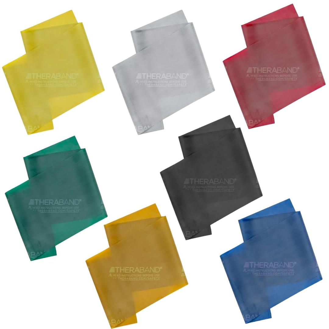 THERABAND Professional Latex Resistance Band Set, Pack of 7, Individual 6 Ft Elastic Band for Upper & Lower Body Exercise, Physical Therapy, Pilates, At-Home Workouts, 6 Foot Band, Levels 1 to 7 (Multi)