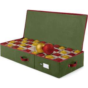 ZOBER Underbed Christmas Ornament Storage Box - Stores 72 Large 4" Ornaments, With Dividers - Tear Proof 600D Oxford Fabric, Ornament Organizer Storage Box, Durable Christmas Containers Holder - Green