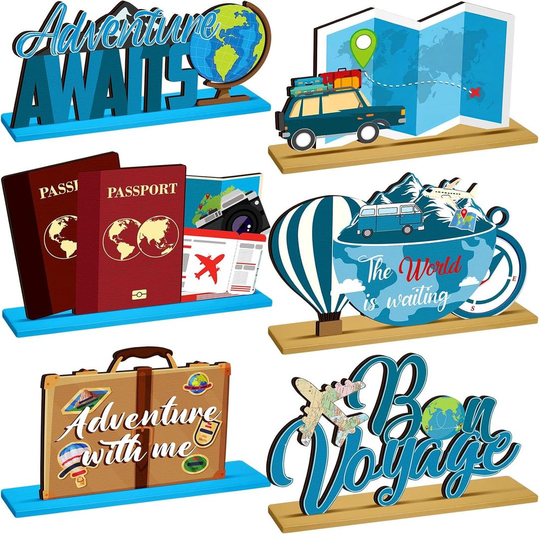DoubleFill 6 Pcs Travel Themed Wooden Centerpieces Table Toppers Adventure Awaits Party Decor Travel Around the World Bon Voyage Table Decor Photo Props for Let the Adventure Begin Going Away Party