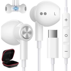 USB C Headphones Wired for iPhone 16 15 Pro Max Plus iPad Air, Type C Earphones with Mic Magnetic HiFi Stereo Case Cord Wired Earbuds for Samsung Galaxy S25 Ultra S24+ A35 S23 Flip Pixel 9 8 7, White