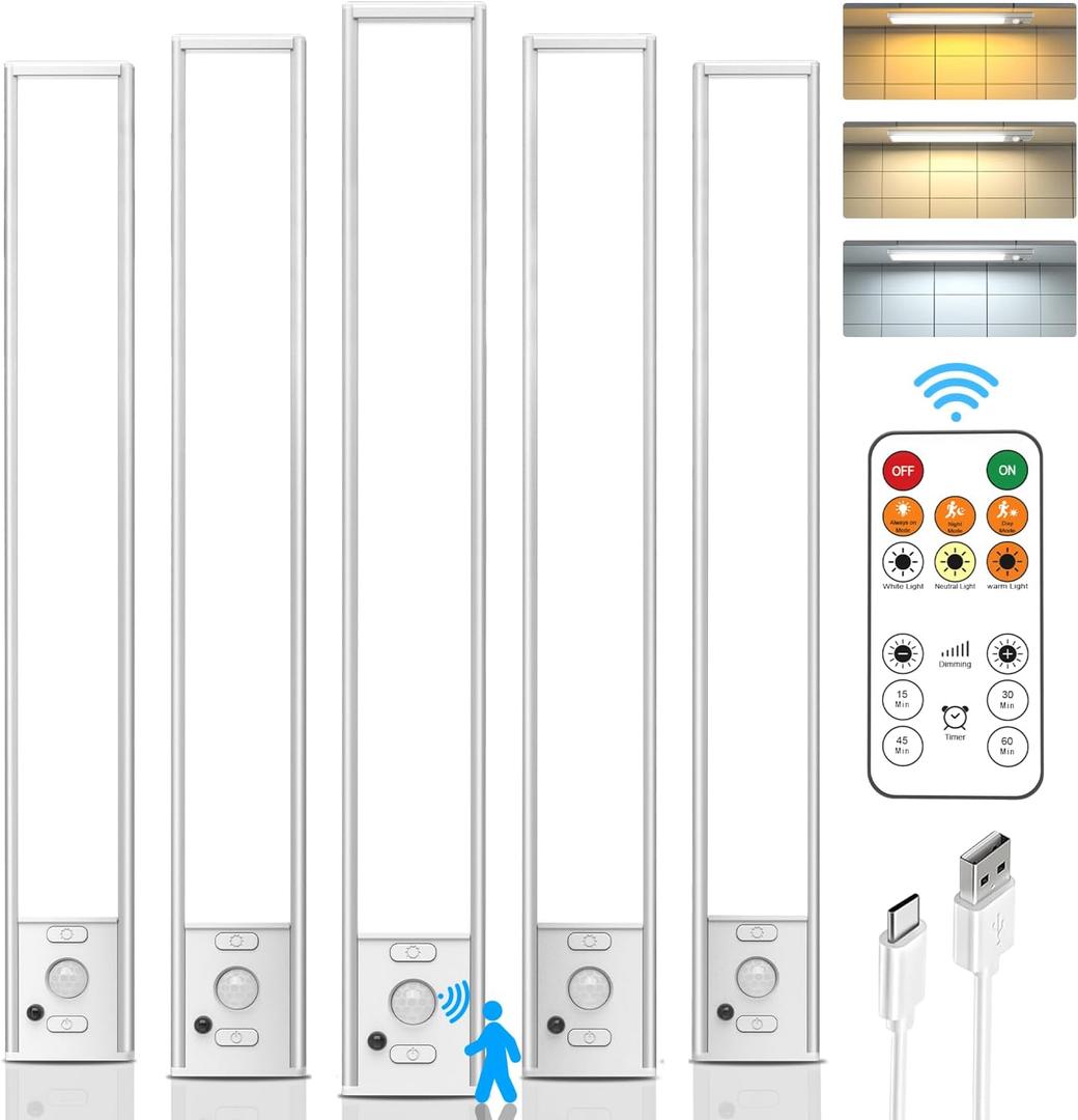 Under Cabinet Lights Wireless, 12'' Rechargeable Motion Sensor Light Indoor, 3 Color Temperature Dimmable Closet Lighting with Remote Control, Under Counter Lights for Kitchen, Stairs, Wardrobe (5 Pack, White-12 Inch)