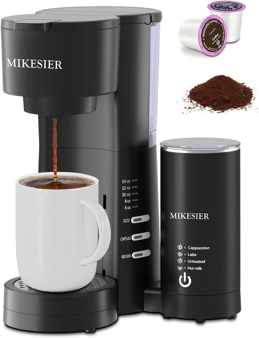 3IN1 Single Serve Coffee Maker with Milk Frother, Small Coffee Machine for K Cup & Ground, 6-14oz Brew Size, 28oz Water Tank, Adjustable Drip Tray