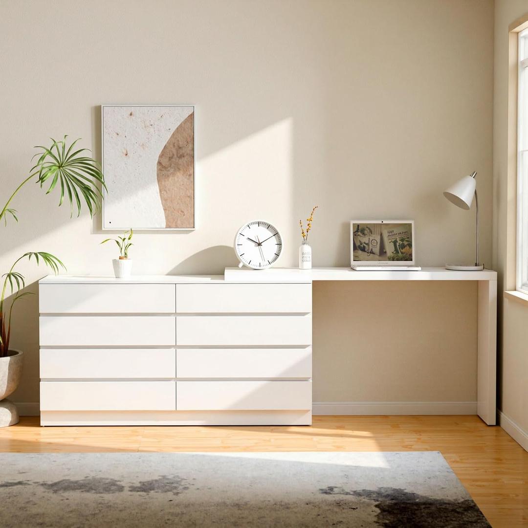 8 Drawer Vanity Dresser Combo with Extendable Table & L-Shaped Desk, White MDF Large Dresser for Bedroom, Adjustable Makeup Dressing Table with Wide Storage, Desk and Vanity Combo for Small Spaces