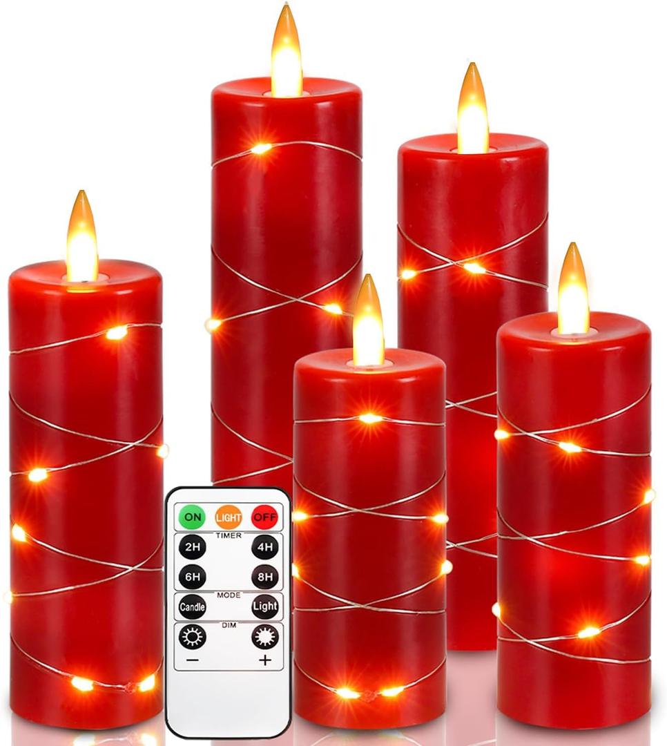 Red Flameless Candle Fairy String Light, Water Drop Flame, Advanced LED Flame Simulation with Remote and Timed Candles, 5-Cell Battery PoweredChristmas Candle