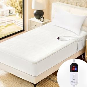 blunique Electric Heated Mattress Pad Twin Size Single Control Bed Warmer, Deep Pocket, Side Storage Pouch for Controller, Machine Washable, Waffle Jacquard, 39"x75", White