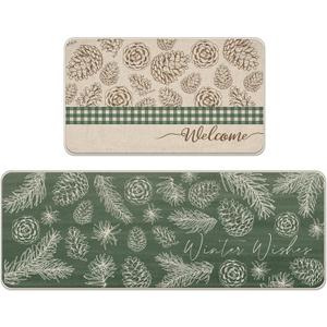 Welcome Winter Wishes Kitchen Rugs Set of 2, Green Pine Cone Pine Needle Kitchen Mats Decor, Christmas Plaid Farmhouse Seasonal Floor Door Mat Home Decorations - 17x29 and 17x47 Inch