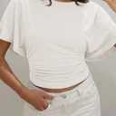 Cicy Bell Womens Summer Wrap Tops Casual Short Sleeve Tie Back Cinched Waist T Shirts Trendy Boat Neck Blouse (White), S
