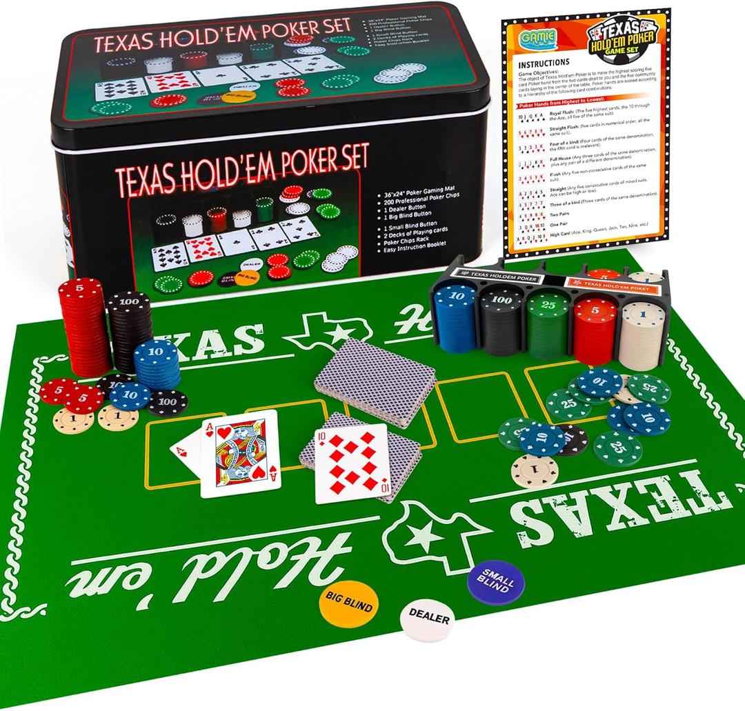 Gamie Texas Holdem Poker Game Set - Includes Holdem Mat, 2 Card Decks, Chips, Chip Holder and Tin Storage Box - Fun Game Night Supplies - Cool Casino Gift for Kids & Adults