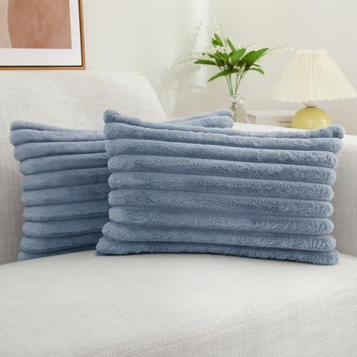 decorUhome Cozy Faux Fur Throw Pillow Covers 12x20 Set of 2 Decorative Soft Plush Striped Lumbar Modern Farmhouse Boho Couch Pillow Cases with Velvet Back for Sofa Bed Living Room, Grey Blue