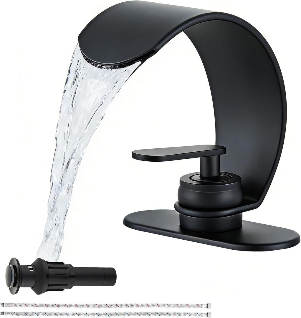 Black Waterfall Single Hole Bathroom Sink Faucet, 304 Stainless Steel Single Handle Modern Bathroom Faucet, Snake Shape Design Basin Tap, Single Handle Basin Tap with Pop Up Drian Supply Line