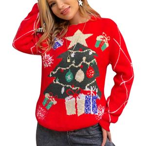 Ugly Christmas Sweater Soft Lightweight Warm Pullover Holiday Chunky Christmas Sweaters Tops Vintage Stylish (Medium, 07-women-red-tree)