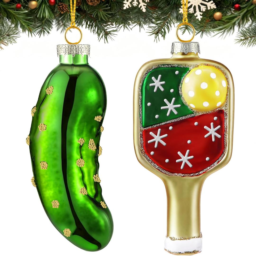 Pickle Ornaments for Christmas Tree and Dinkball Paddle, Traditional Glass Blown, Unique Christmas Pickle Ornaments for Xmas Tree Decorations, Gifts for Sisters Mom Grandparent Women Men