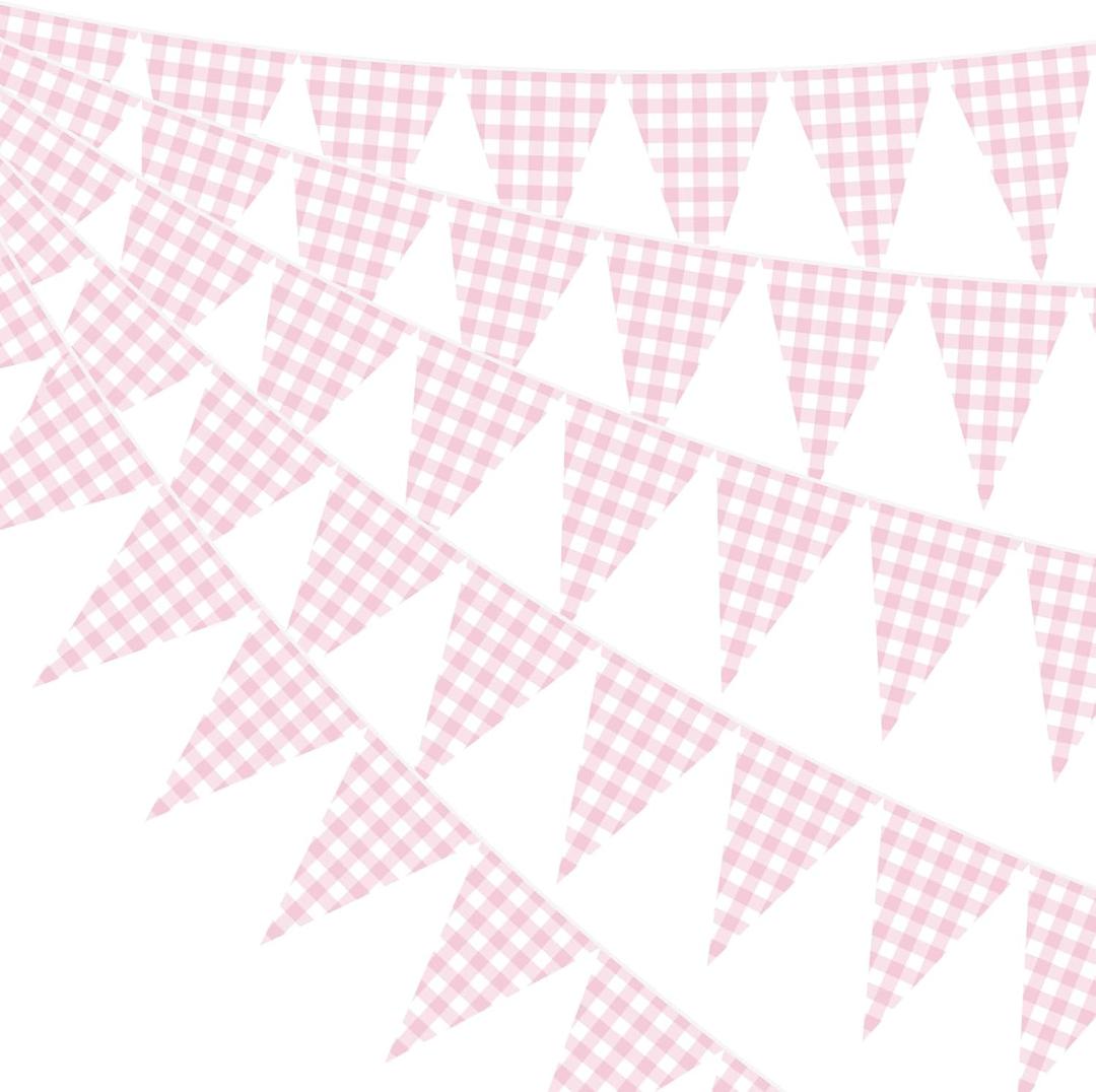 Pasimy 98.42 ft 120 Pieces Pink Gingham Pennant Banner - Pink Plaid Garland Decor Gingham String Triangle Party Bunting Flags for Birthday Baby Shower Party Decorations Supplies
