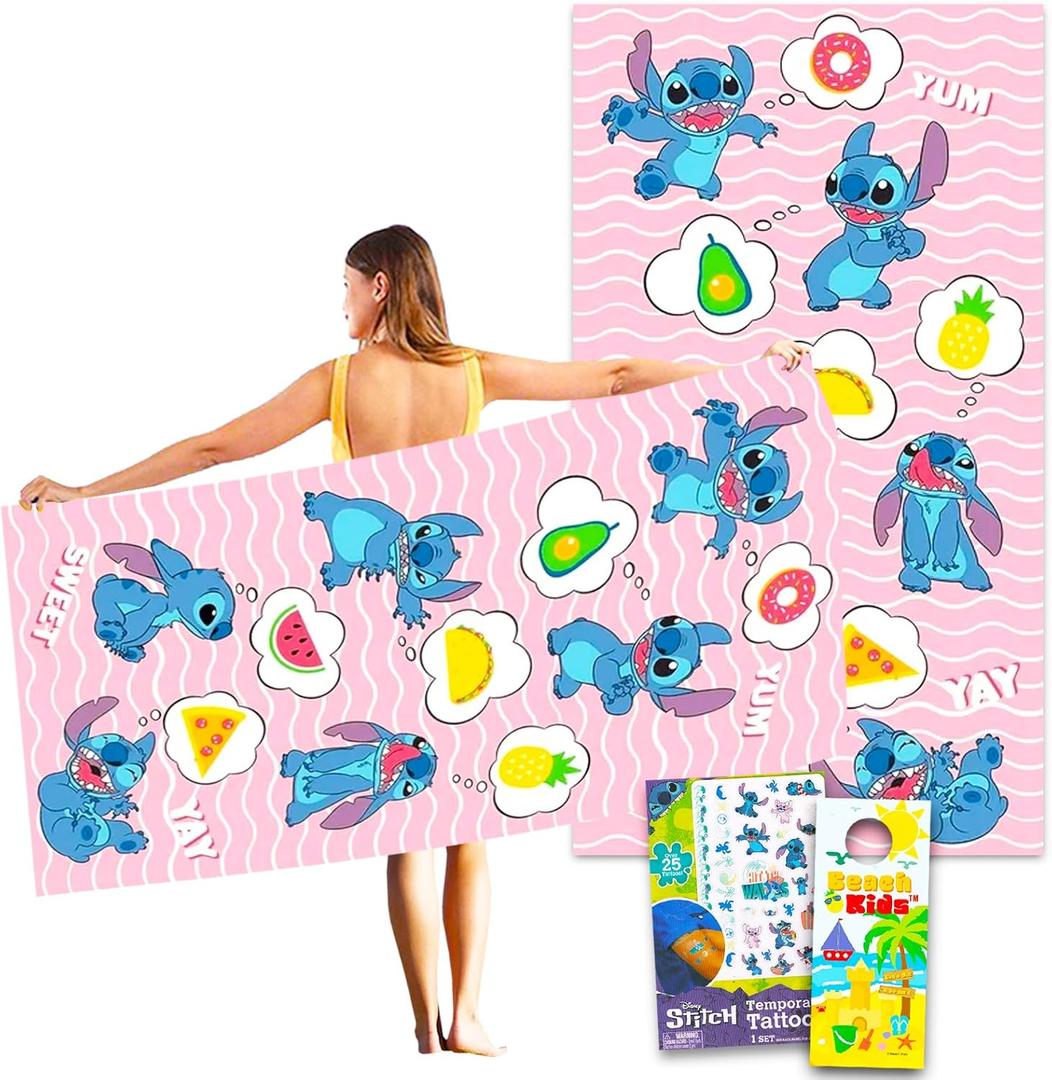 Disney Stitch Beach Towel Set - Bundle with 40" x 72" Lilo and Stitch Microfiber Pool Towel Plus Tattoos and More | Stitch Beach Towel for Kids and Adults