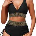 Women's High Waisted Bikini Sets Two Piece Tummy Control Swimsuit Color Block Bathing Suits (X-Large, Black Gold)