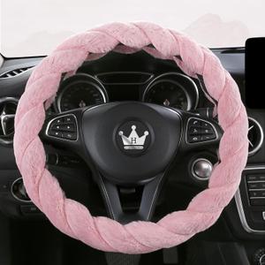 Luxury Fluffy Winter Car Steering Wheel Cover for Women Soft Warm Plush Cute Auto Accessories for Vehicle, Sedan, Universal, Fuzzy, Anti Slip, Pink, 14in, Standard Size 14.5-15"(37-38cm)