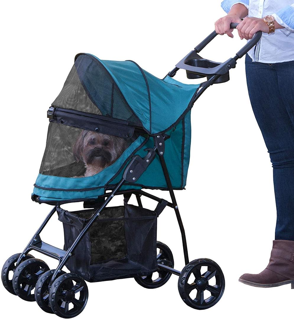 Pet Gear No-Zip Happy Trails Lite Pet Stroller for Cats/Dogs, Zipper less Entry, Easy Fold with Removable Liner, Safety Tether, Storage Basket + Cup Holder, 3 Colors (NEW Juniper)