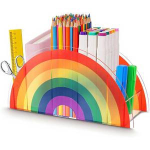Pen Holder for Desk, Rainbow Pencil Holder, Acrylic Pencil Cup, Teacher Supplies for Rainbow Classroom Decor, Cute Desk Organizer for Kindergarten, Office, Crayon Marker Art Supply Storage