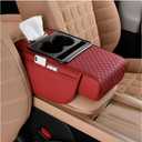 Zpana Car Center Console Armrest Pillow, Memory Foam Leather 4 in 1 Vehicle Arm Rest Cover with Tissue Box 2 Side Storage Bag Cup & Phone Holder, Auto Armrest Cushion, Universal Fit (Wine Red)