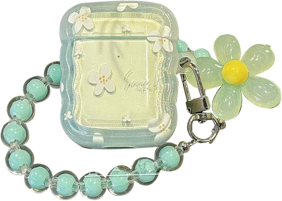 Cute Girly Strap Case for Airpods 4, Woman Kawaii Soft Protective Cover for Airpods 4th Generation with Lovely Keychain Lanyards Aesthetic Design, Curly Wave Green Flowers