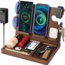 Wireless Charging Station,Wood Phone Docking Station for Men,Nightstand Organizer Charging Station with 4 Wireless Charger Fast Charging for iPhone/Samsung/Apple Watch/Earbuds,Gifts for Men (Walnut color)
