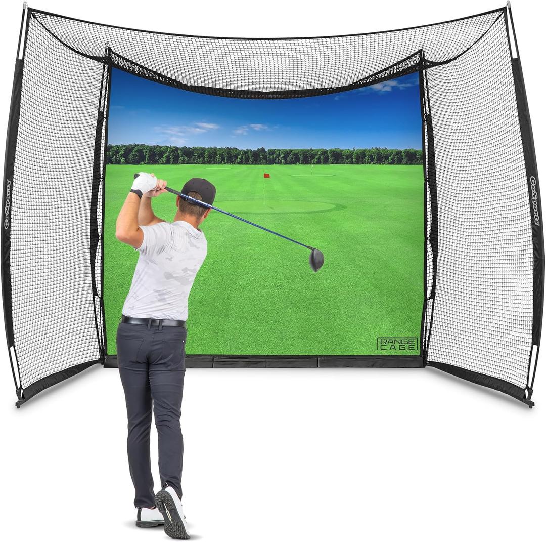 GoSports Range Cage 10 x 8 ft Golf Practice Hitting Net - Choose Between Printed Graphics Impact Screen, Blank Simulator Screen, or Classic Net