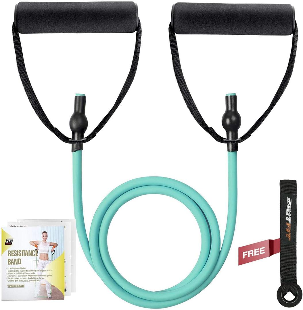 RitFit Single Resistance Exercise Band with Comfortable Handles - Ideal for Physical Therapy, Strength Training, Muscle Toning - Door Anchor and Starter Guide Included (Aqua(12-16lbs))