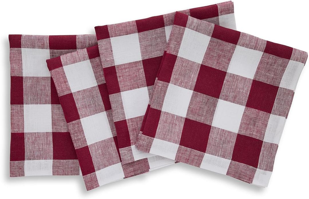 FOUR (4) FARMHOUSE RED WHITE BUFFALO PLAID CHECK LINEN THROW PILLOW COVERS 18x18