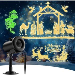 12 in 1 Nativity Scene Christmas Projector Lights Outdoor Indoor - 3D Dynamic Jesus/Santa Sleigh/Ghost/Spider/Bat Christmas Decorations, Waterproof Holiday Lights for Window Wall Party Holiday Decor