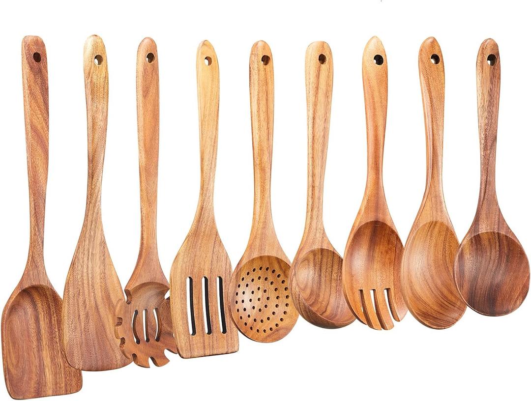 Wooden Kitchen Utensils Set,GUDAMAYE 9 PCs Natural Teak, Wooden Spoons, For Non-Stick Pan for Cooking