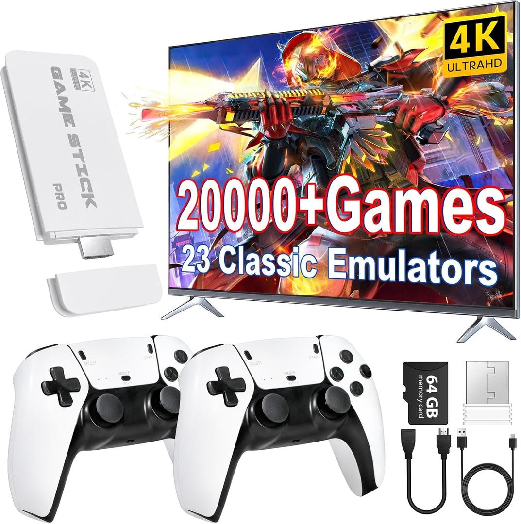 2025 Upgrade Retro Game Console Stick Pro,Built-in 23 Emulators 20,000+ Games,Retro Gaming Console 64GB TF Card,Dual 2.4GHz Wireless Controllers,Game Stick 4K HDMI Plug and Play Video Games for TV