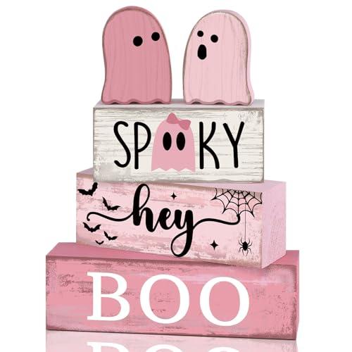 Lineshading 4 Pcs Pink Halloween Decor Ghost Table Decorations Halloween Tiered Tray Decor Farmhouse Ghost Tabletop Centerpiece Rustic Pink Block Sign Gift for Home Kitchen Shelf Office Mantel