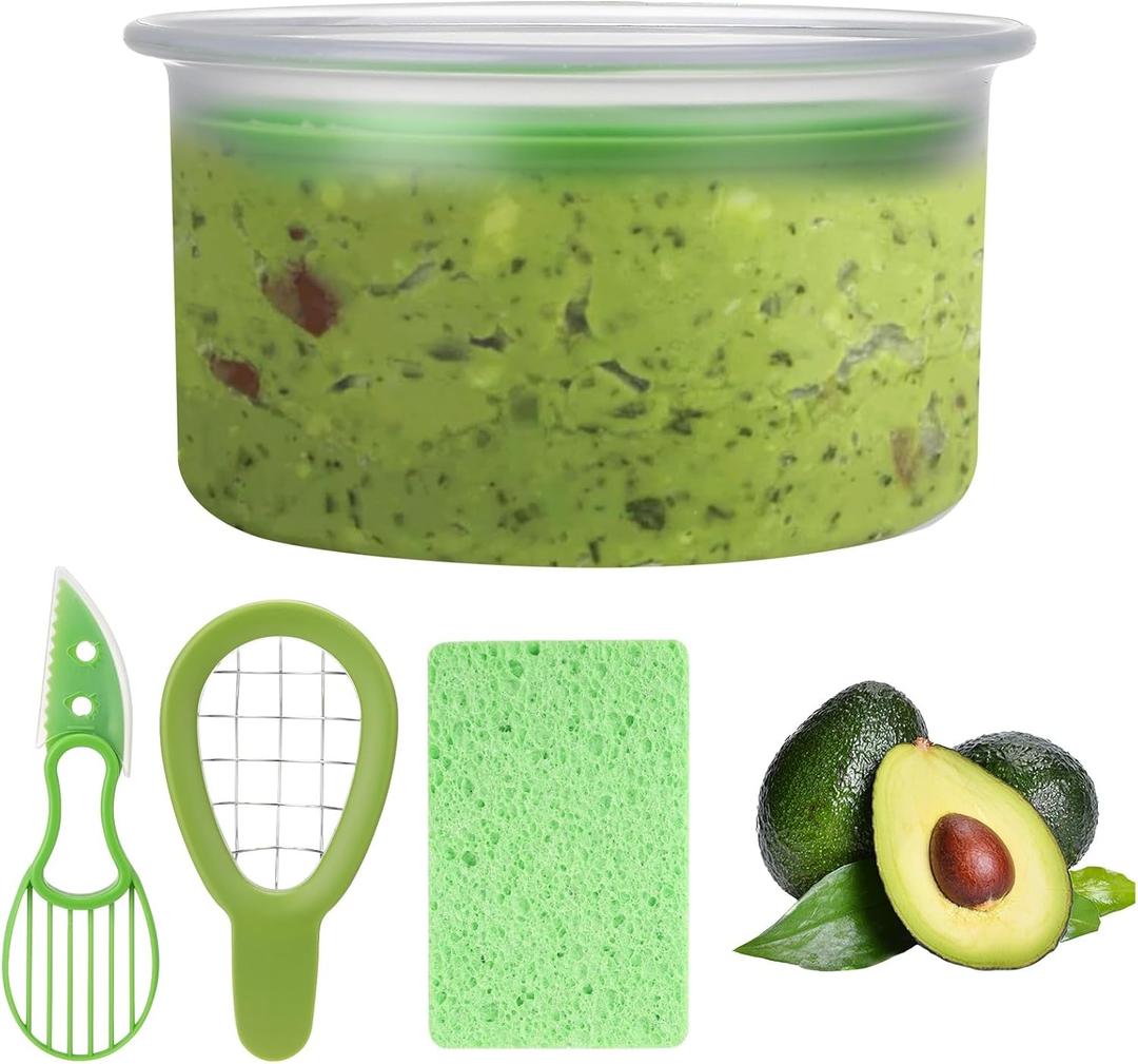 Clapzooki 4 PCS Guacamole Keeper Set Guacamole Bowls Avocado Keeper Fresh Guacamole with 2-in-1 Avocado Slicer Avocado Knife and Cleaning Sponge Plastic Kitchen Storage Container(Green 1pcs)