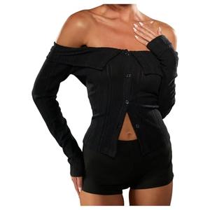 Floerns Women's Going Out Off The Shoulder T Shirts Long Sleeve Knit Button Front Fall Tops Black Medium