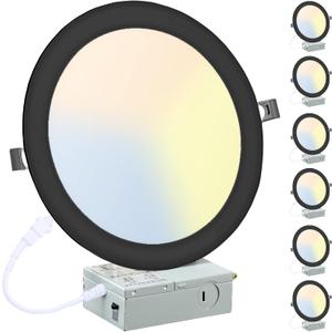 LZHOME 6 Pack 8 Inch LED Recessed Lighting with Junction Box Ultra-Thin, 3000K/4500K/6000K Selectable, 8" Dimmable Canless LED Downlight, 1800LM CRI80 High Brightness 5%-100% Recessed Light (Black)