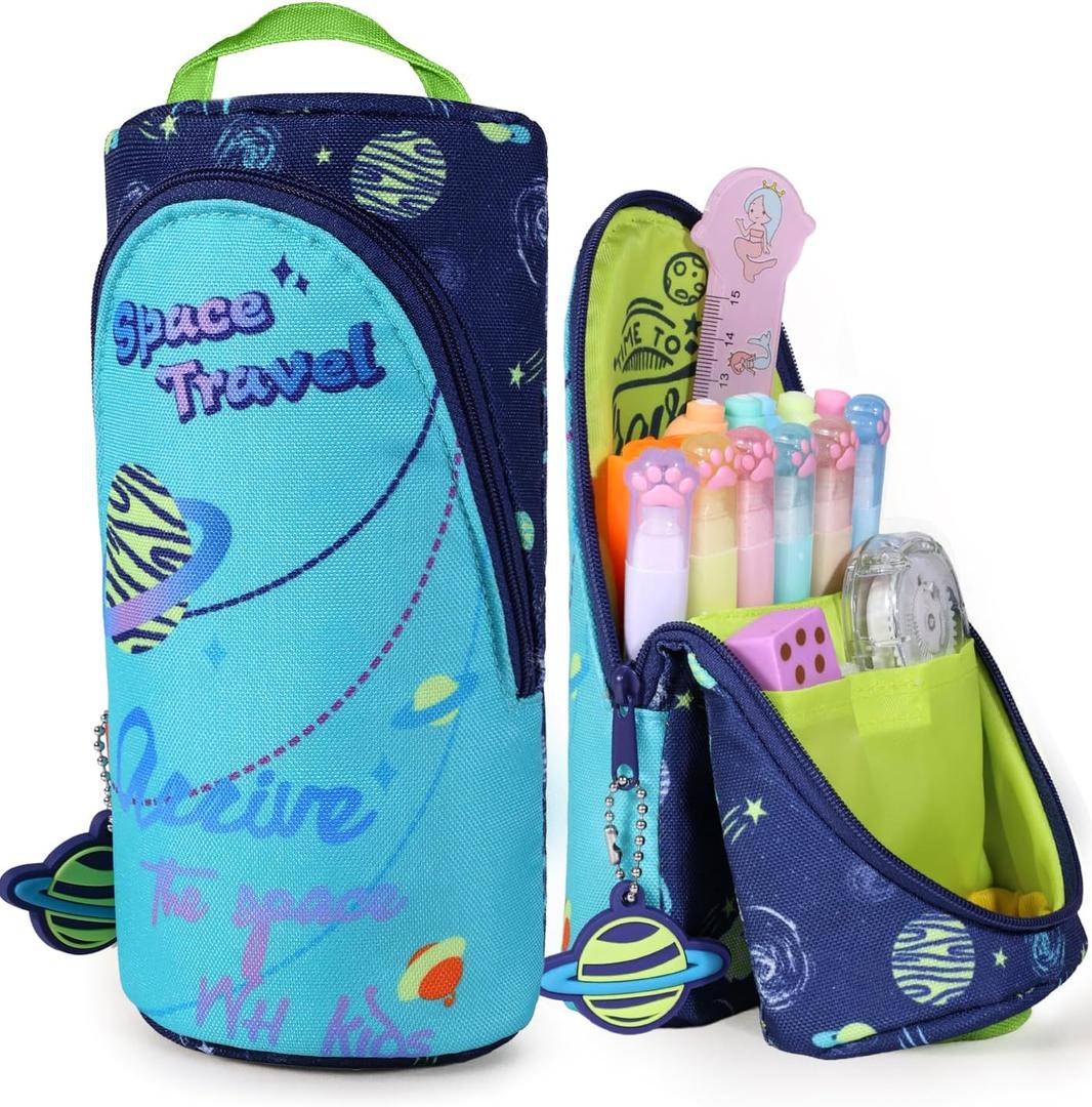 3 x Magnetic Standing Pencil Case for Boys - Back to School Stuff, Space Standing Zipper Pencil Case Aesthetic, Large Capacity Stand up Pen Bag, Stationery Pen Holder, Study Supplies for Students