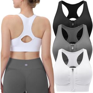 Evercute Women's Zip Front Sports Bras Wireless Padded Racerback Medium Support Post-Surgery Bra Yoga Exercise Athletic Bras (XX-Large, Black Gray White 2 Pack)