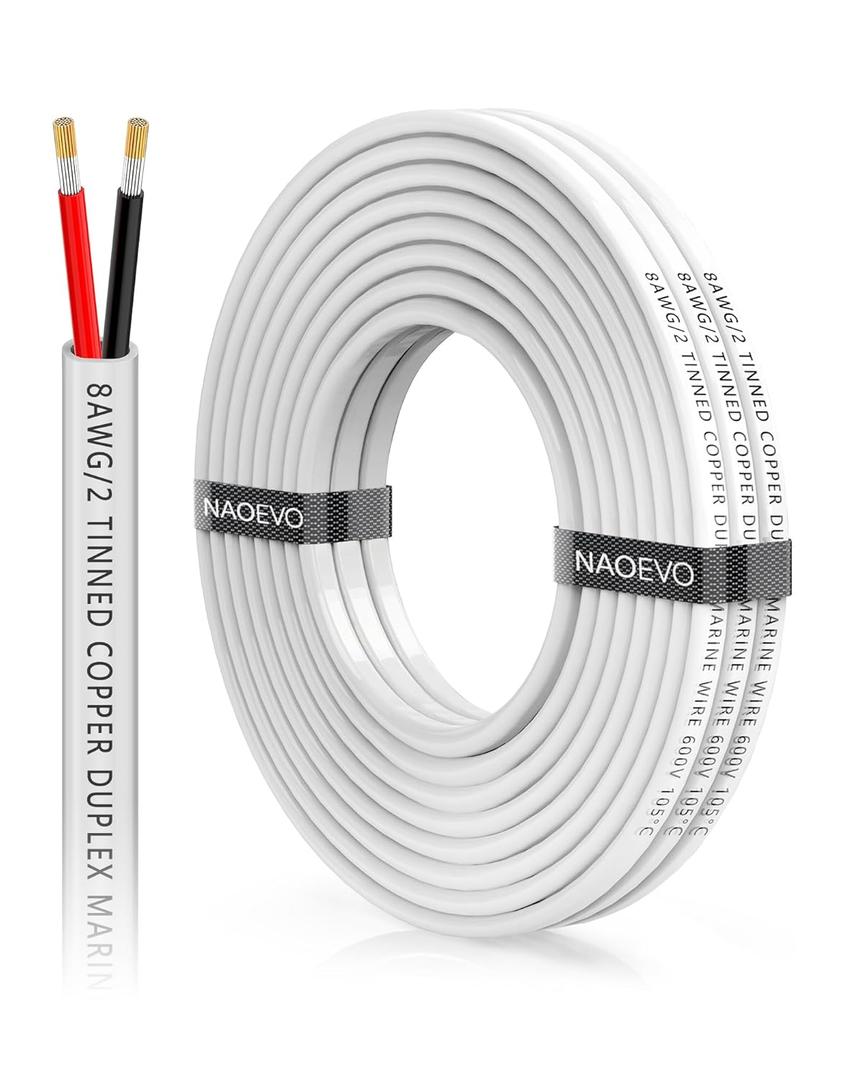 NAOEVO 8 Gauge Marine Wire Duplex, 8 AWG Stranded PVC Marine Electrical Wire, Waterproof/Corrosion Resistant/Tinned Copper Electrical Cable for Boat/Automotive/RV/Solar (15FT)