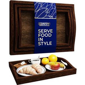 Comfify Serving Trays Set of 3 - Ottoman Wood Trays for Entertainment, Food and Decor - Rustic Farmhouse Distressed Wood Finish - Brown