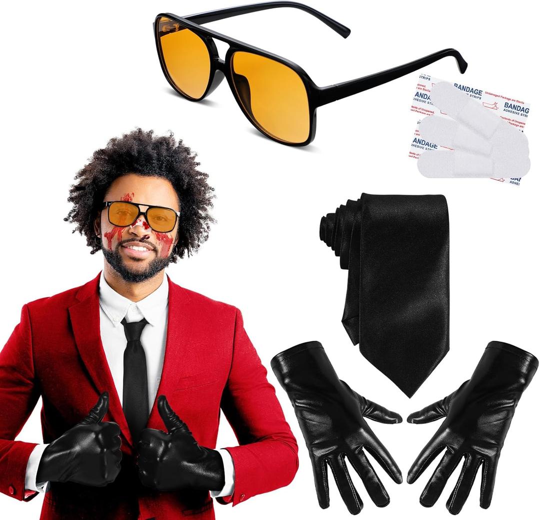 10 Pcs Halloween Singer Costume Accessories for Adult Women Men with Retro Sunglasses Black Gloves Tie Woundplast for Halloween Party Cosplay