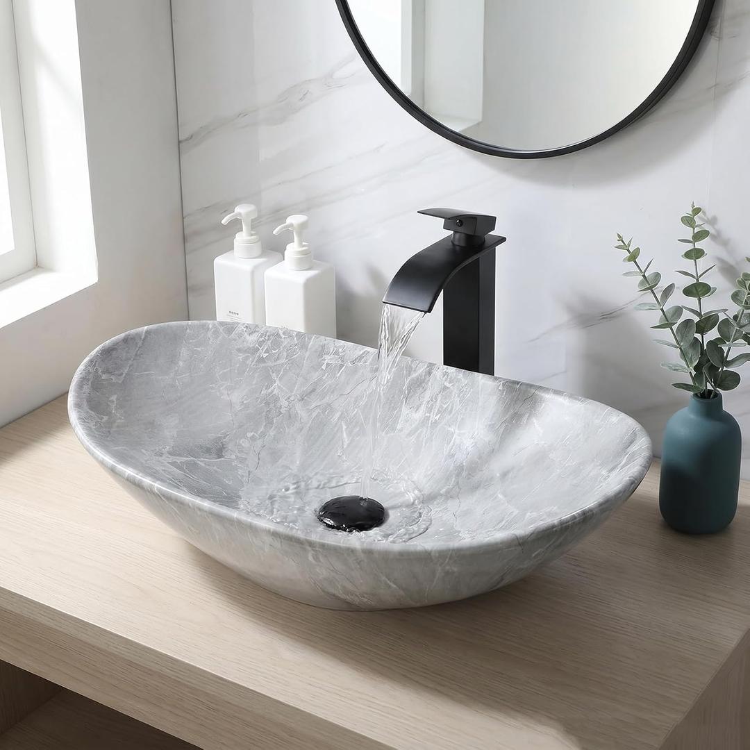 Ceramic 24x14 Inch Vessel Sink with Faucet and Pop-up Drain Combo Oval Marbling Bathroom Vessel Sink Above Counter Art Sink Bowl Porcelain