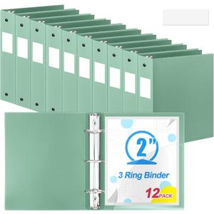 Henoyso 12 Pack 2 Inch Plastic 3 Ring Binder Round Ring, Bulk 2 Inch Flexible Binders Hold 490 Sheets Letter Size with Pocket, Document Organizer for Back to School Classroom Office (Sage Green)