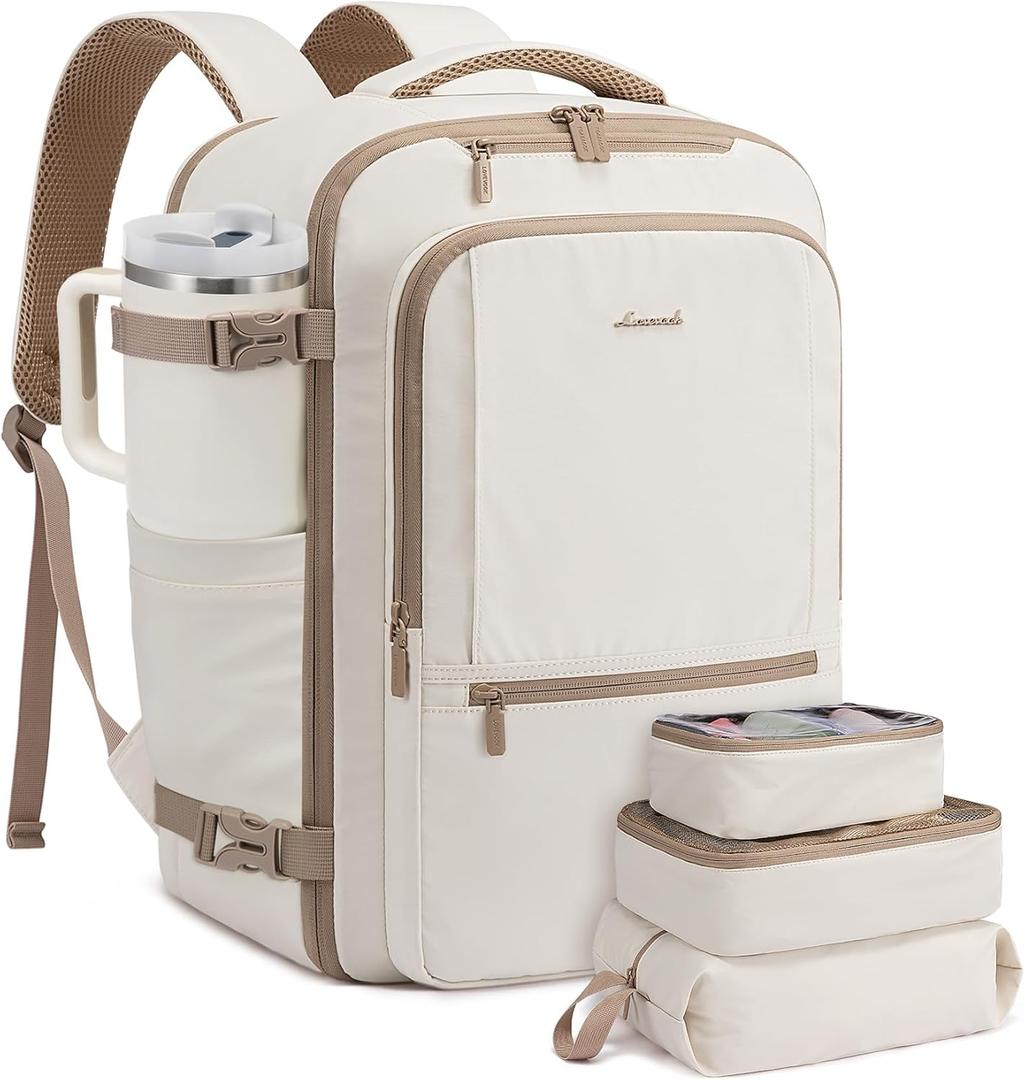 LOVEVOOK Travel Backpack for Women & Men, 40L Large Carry On Backpack Airline Approved, TSA Personal Item Weekender Bag, Water Resistant Laptop Backpack with 3 Packing Cubes for Travel Essentials (18 Inch, Beige)