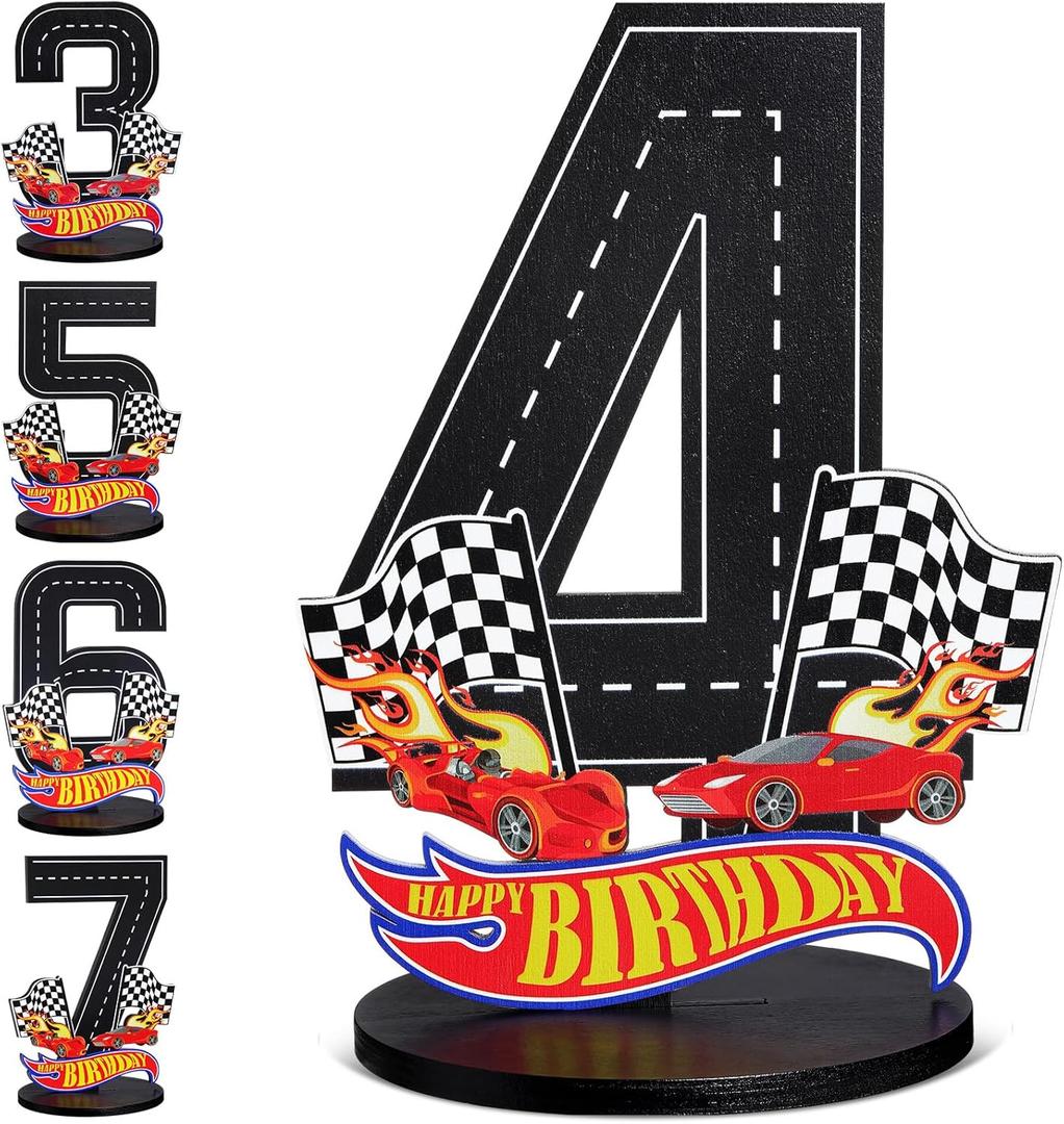 Race Car 4th Birthday Number Sign Centerpiece Race Car Theme 4th Birthday Party Supplies Wooden Table Decoration Photo Props for Boys Four Years Old