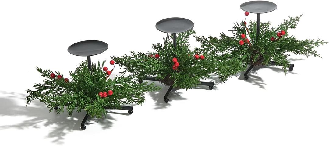 Christmas Candle Holder Set of 3, Black Iron Candle Tray Holders with Faux Cedar Red Berries, 7.1 Inch Decorative Metal Stand for Table Centerpiece Mantle Xmas Decor